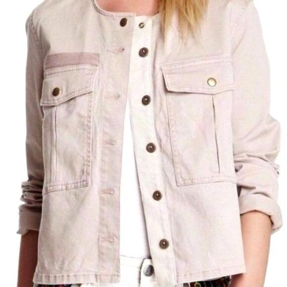 Free People Pink‎ Distressed Button Front Crew Neck Lou Military Jacket Size M - Picture 1 of 11